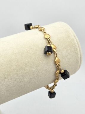 Vintage 18KGP Gold Plated Heart Link Charm Bracelet Black Cubes